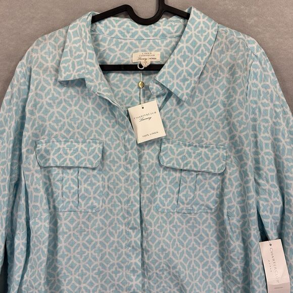 Charter Club Luxury Women’s 100% Linen 2X Blue Pattern Roll tab Sleeve Button Up - Picture 8 of 12